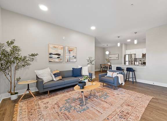 A living room with a grey couch, a blue chair, and a rug.