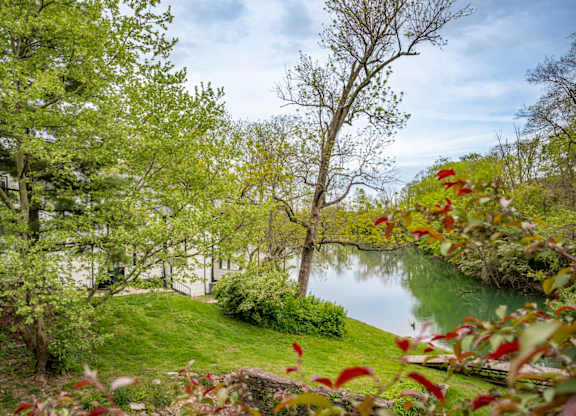 A serene landscape with a lake and trees at Saddlebrook at Tates Creek Apartments in Lexington, KY