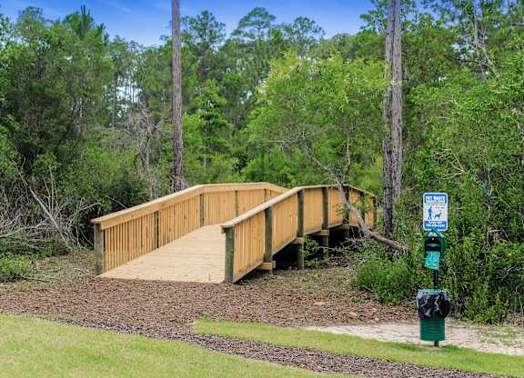 A wooden boardwalk leads through a wooded area.