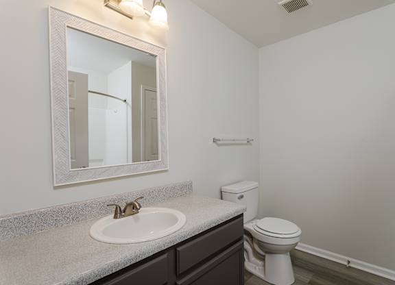 A bathroom with a toilet, sink, and mirror.
