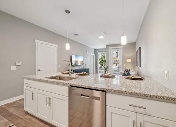 A kitchen with a granite countertop and stainless steel dishwasher.