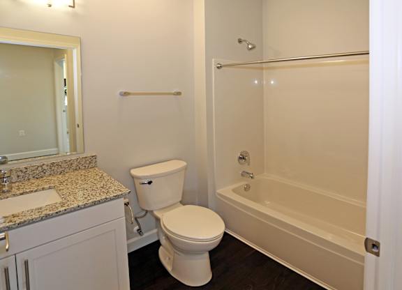 guest bathroom with tub and shower combo, granite countertops, and undermount sink.