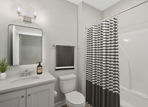 a bathroom with a shower and a toilet and a sink at The Cottages at Foley Farms apartments in Foley, AL