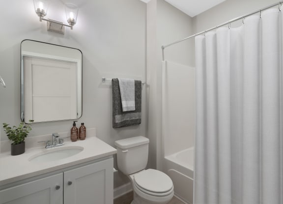 a bathroom with a shower and a sink and a toilet at The Cottages at Foley Farms apartments in Foley, AL