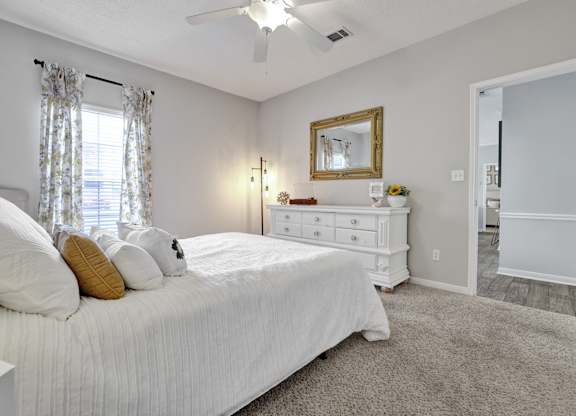 Bedroom with plush carpet and window at Village at Caldwell Mill Apartments in Birmingham, AL