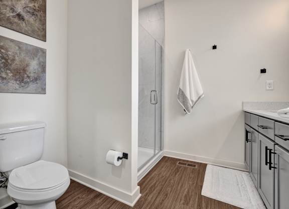 Modern bathroom with double vanity, stand up shower and plank flooring at West Row Lofts and Townhomes in Birmingham, AL
