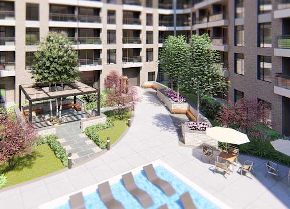 Arial view of Zen City Center luxury outdoor amenities in Troy, MI