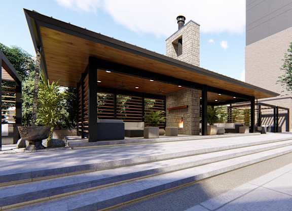 Poolside fireplace lounge at Zen City Center Troy, MI