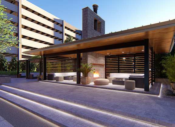 Modern outdoor firepit lounge area at Zen City Center Troy, Mi
