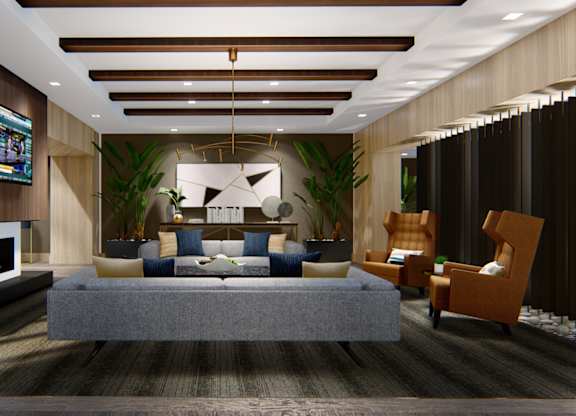 Resident lounge with seating and a fire place at Zen City Center Troy, MI