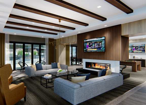 Resident social lounge with seating and a tv Zen City Center Troy, MI
