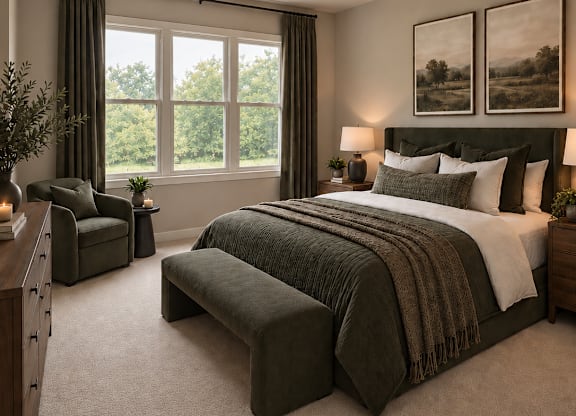 A bedroom with a large bed and a window with curtains.