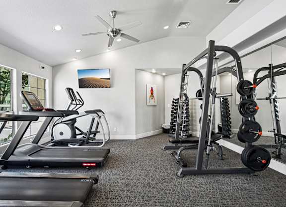 A spacious gym with treadmills, elliptical machines, and weightlifting equipment.