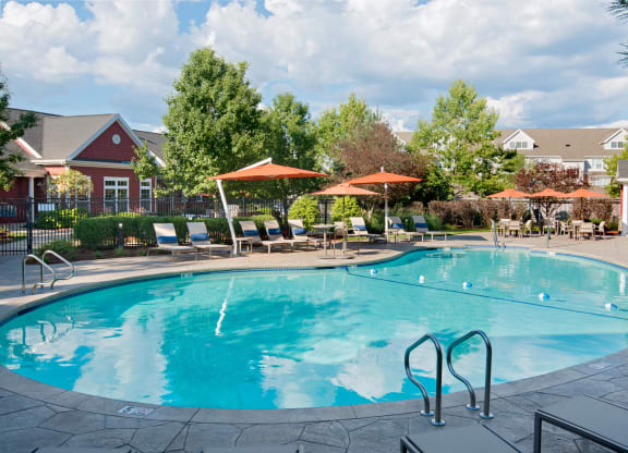 Circular pool with lounge seating, umbrellas and trees surrounding