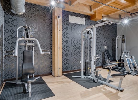Gym with various weightlifting equipment C&E Living in St Paul, MN