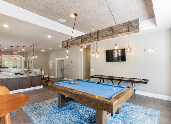 a games room with a pool table and a flat screen tv