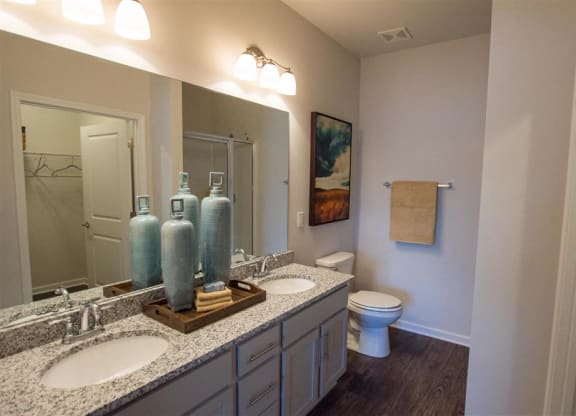 a bathroom with two sinks and a toilet
