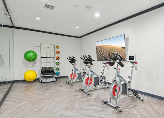 A room with exercise equipment and a TV showing a desert landscape.