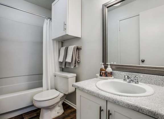a bathroom with a sink toilet and a mirror
