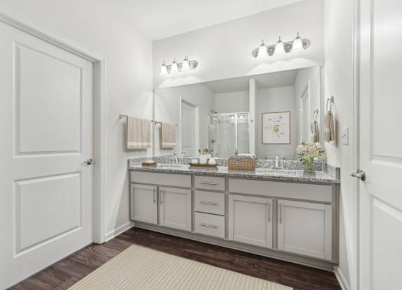 A bathroom with a vanity and a mirror.
