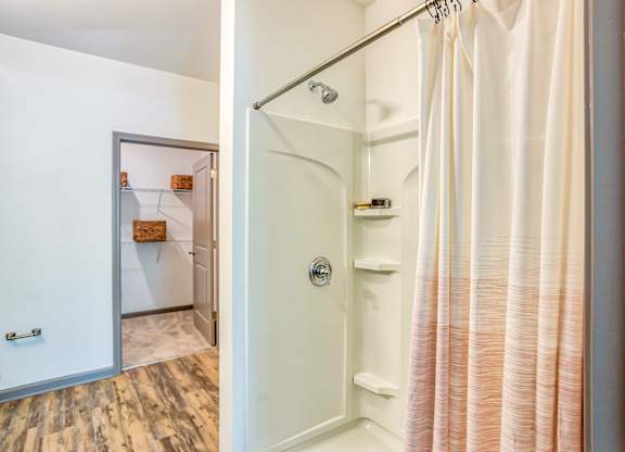 A bathroom with a toilet, a shower, and a mirror.