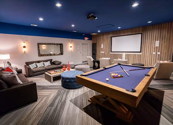A pool table is in the middle of a room with a couch, a coffee table, and a TV.
