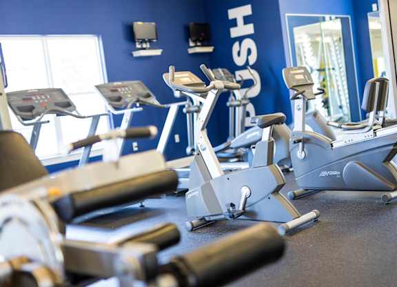 A gym with a row of exercise bikes.
