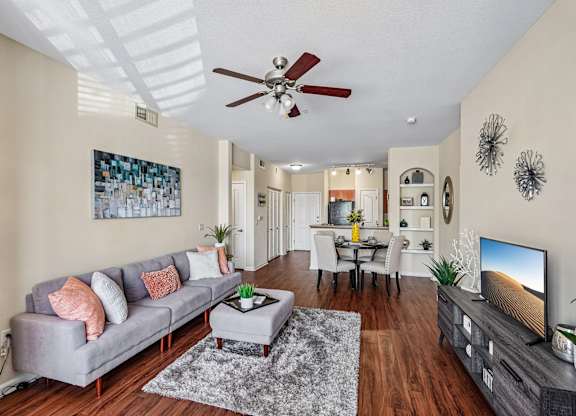 A living room with a grey couch, a coffee table, a television, and a ceiling fan.