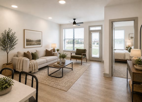 A living room with a white couch, a coffee table, and a ceiling fan.