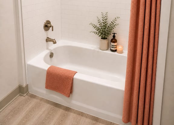 A white bathroom with a red shower curtain.
