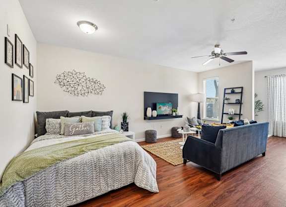 A bedroom with a bed, a couch, and a television.