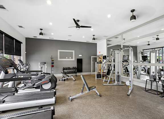 A spacious gym with treadmills, weights, and exercise equipment.
