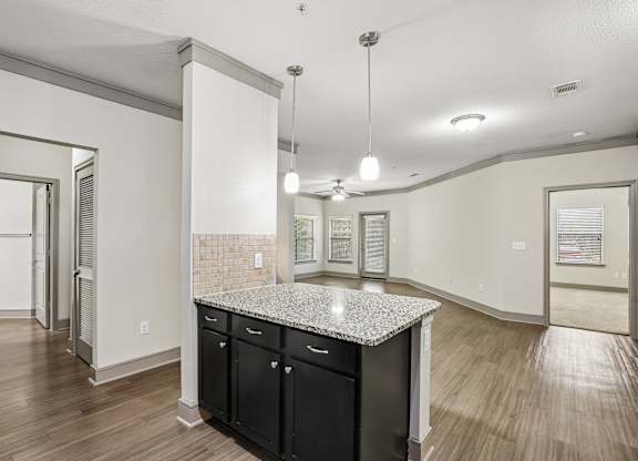 A kitchen with a granite countertop and black cabinets.