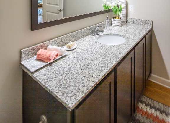 a bathroom with a granite countertop and a large mirror