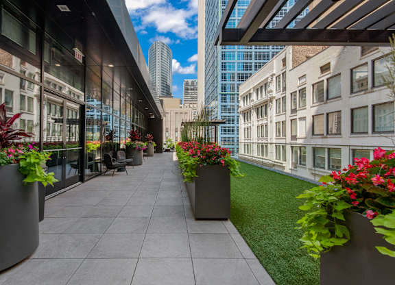 A long, narrow, outdoor patio with a series of large planters on either side.