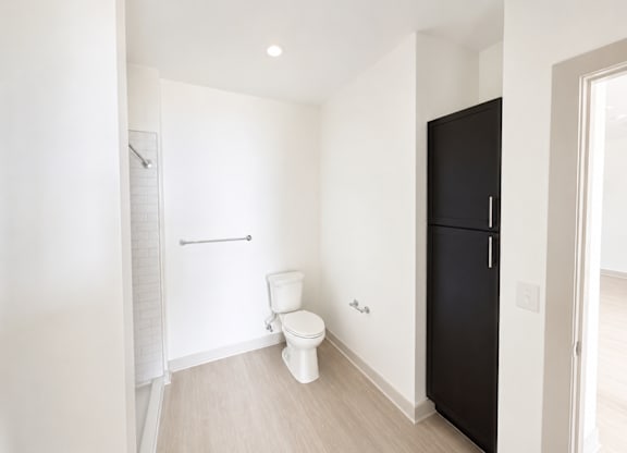 A black fridge sits next to a toilet in a white bathroom.