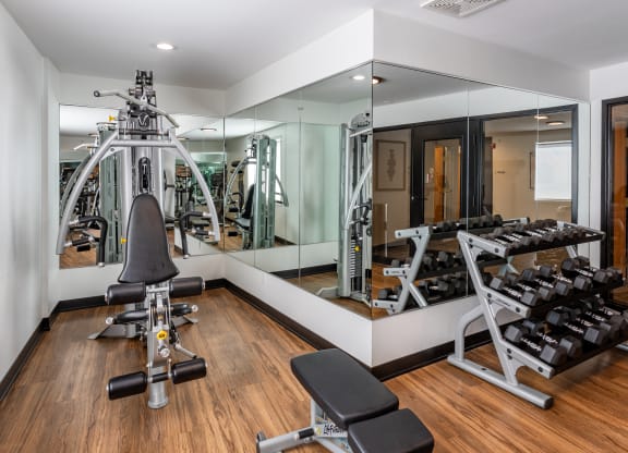 a gym with weights and mirrors and a wood floor