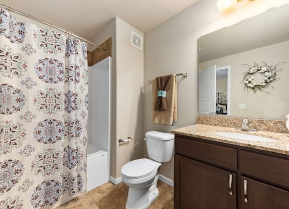 A bathroom with a toilet, sink, and shower curtain.