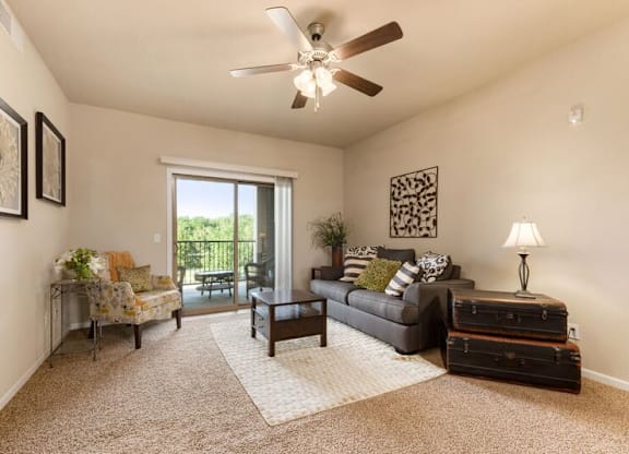 A living room with a couch, chair, and a rug.