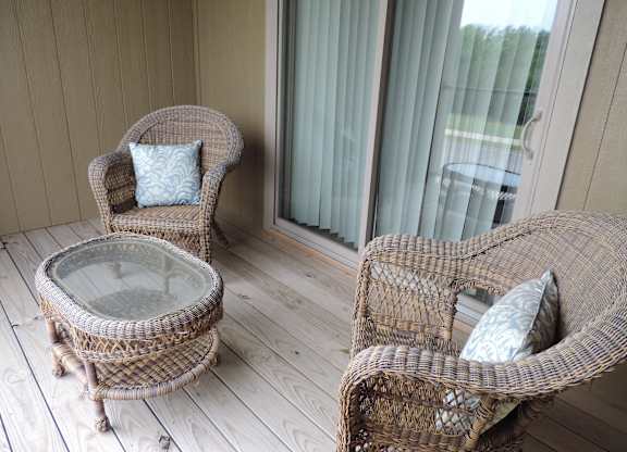 A wicker chair with a cushion sits on a wooden deck.