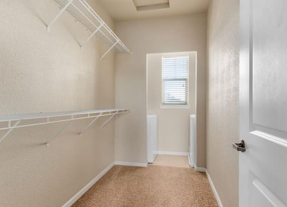 A white closet with a carpeted floor and a white door.