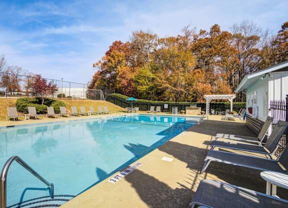 A large swimming pool surrounded by trees and a covered seating area.