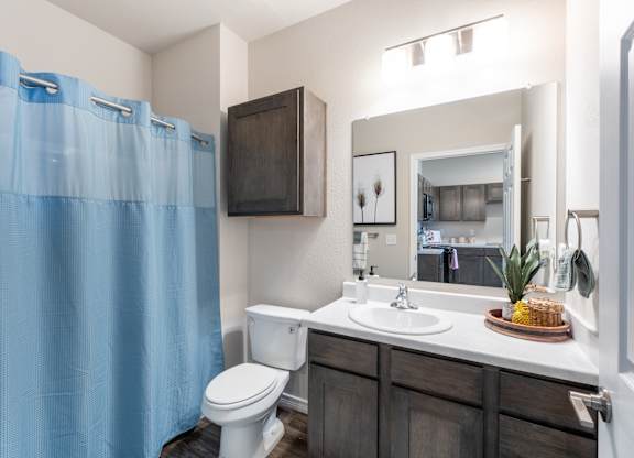 A bathroom with a white toilet, a sink, a mirror, and a blue shower curtain.