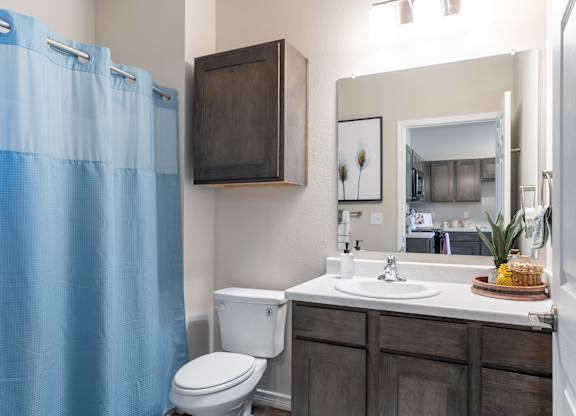 A bathroom with a white toilet and a blue shower curtain.