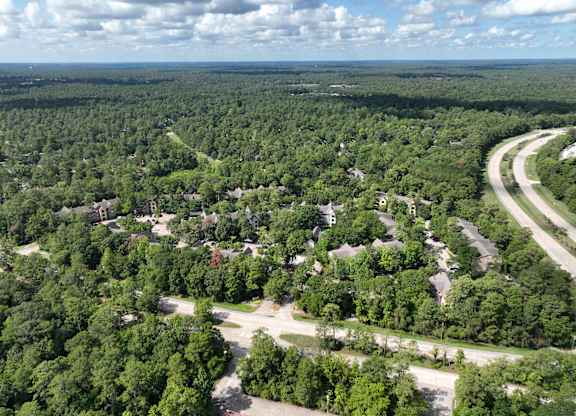 A bird's eye view of a residential area surrounded by a dense forest.