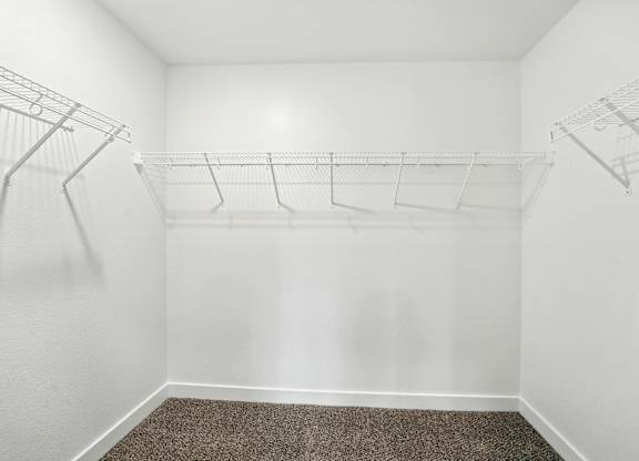 A white closet with a carpeted floor and two wire shelves.