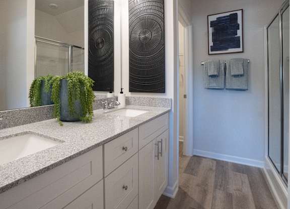 Tuscon Primary bathhroom with double vanity and walk-in shower.