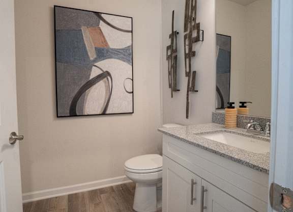 Secondary bathroom with single vanity and tub shower