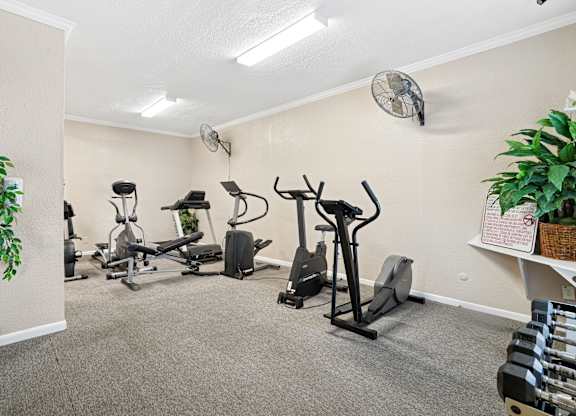 A room with exercise equipment and a fan on the wall.