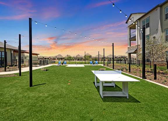 a yard with a picnic table and ping pong table
